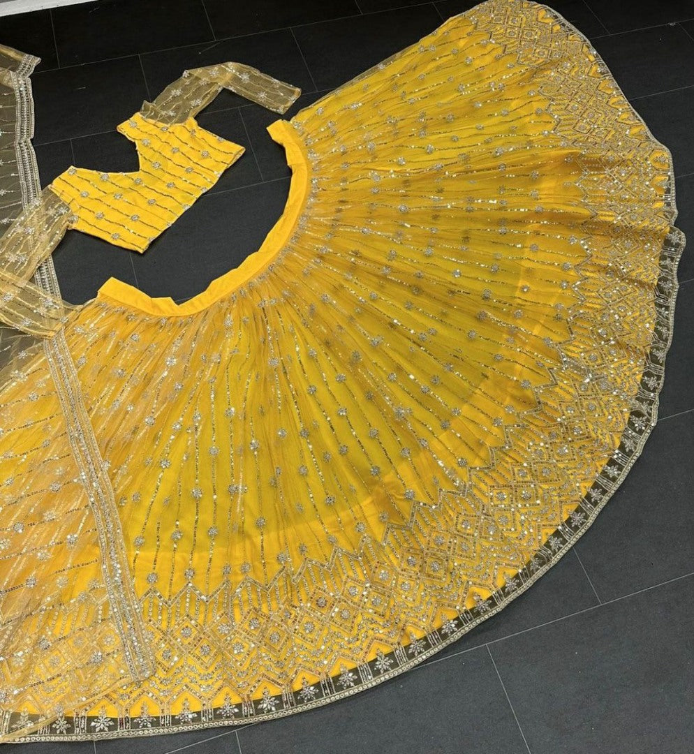Yellow soft net sequence embroidery work haldi ceremony lehenga choli