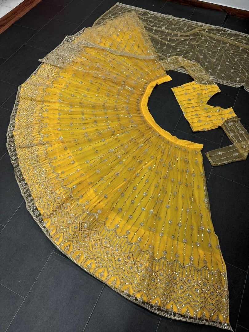Yellow soft net sequence embroidery work haldi ceremony lehenga choli