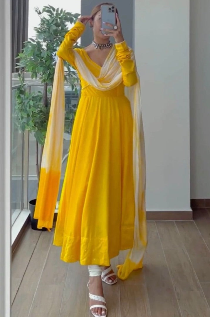 Yellow tafeta silk plain party wear anarkali suit