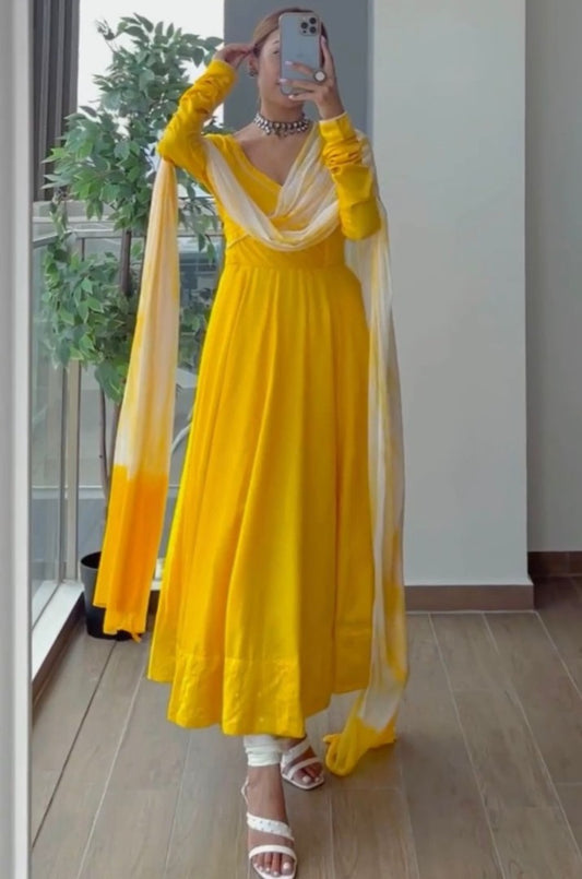 Yellow tafeta silk plain party wear anarkali suit