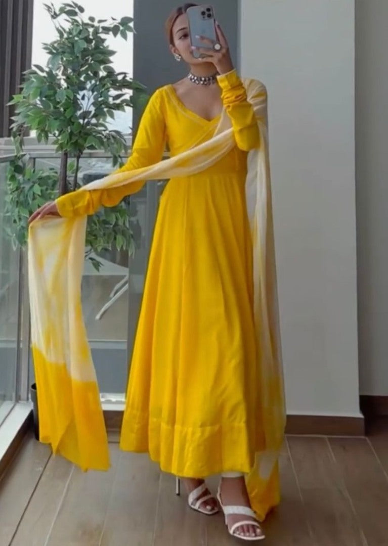 Yellow tafeta silk plain party wear anarkali suit