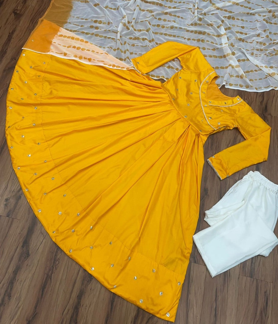 Yellow tafeta silk plain party wear anarkali suit