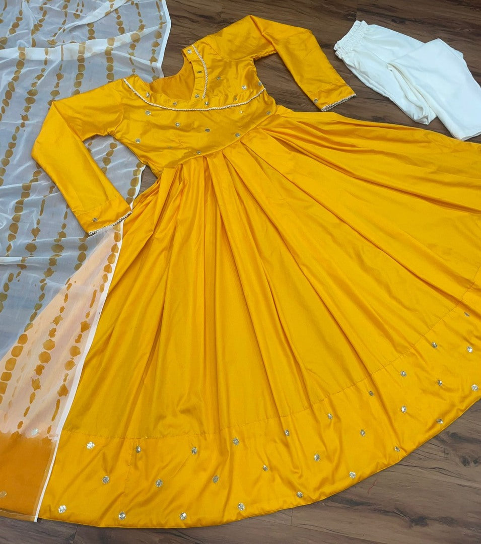 Yellow tafeta silk plain party wear anarkali suit