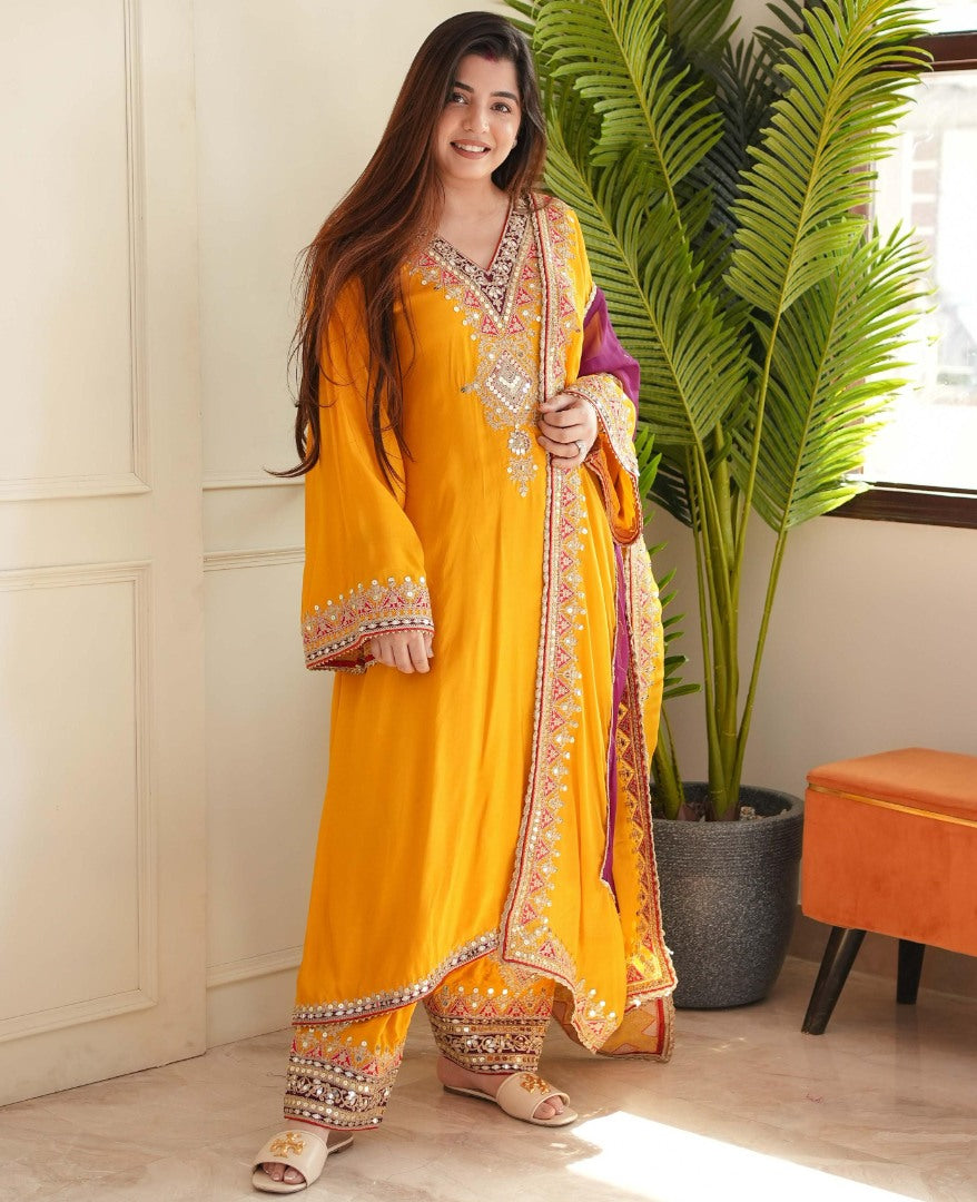 Yellow tafeta silk thread sequence work salwar suit