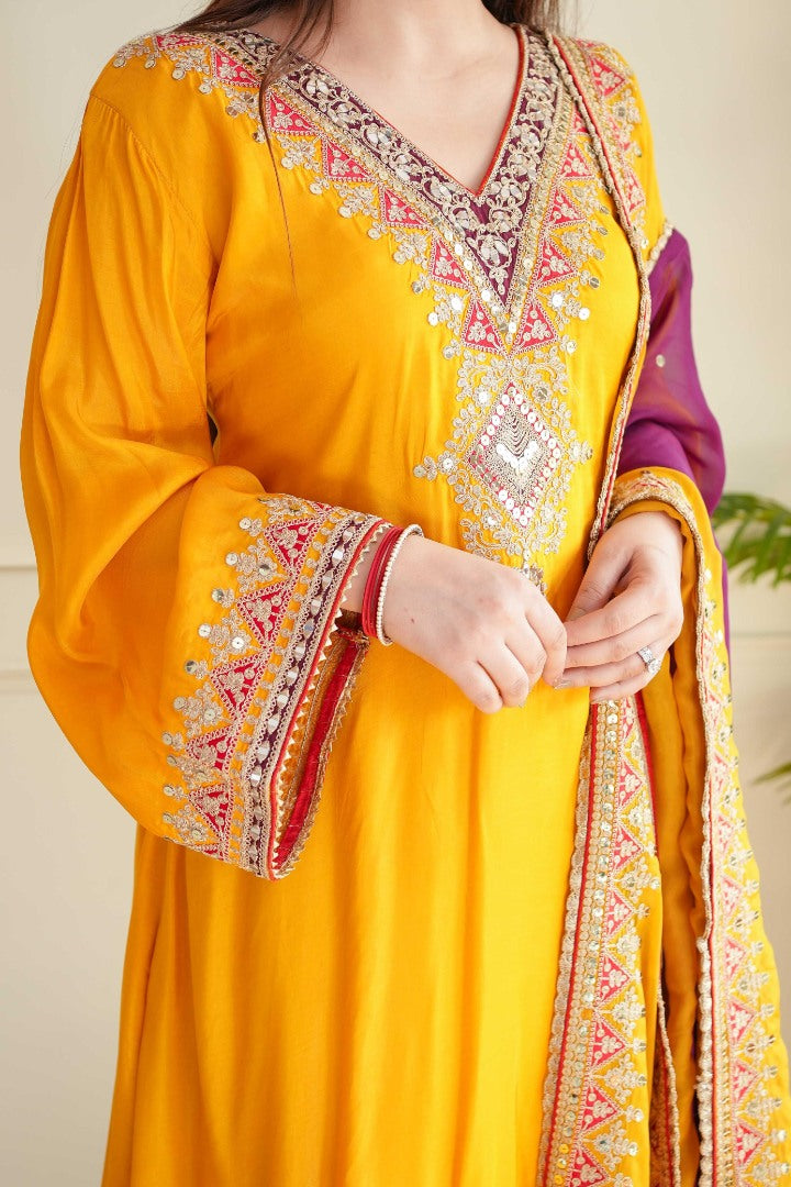 Yellow tafeta silk thread sequence work salwar suit