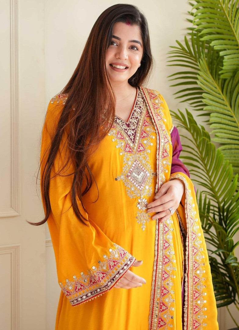 Yellow tafeta silk thread sequence work salwar suit