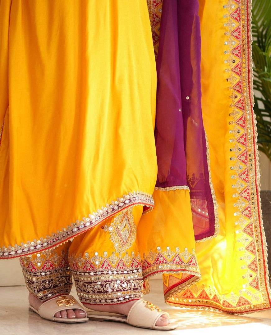 Yellow tafeta silk thread sequence work salwar suit