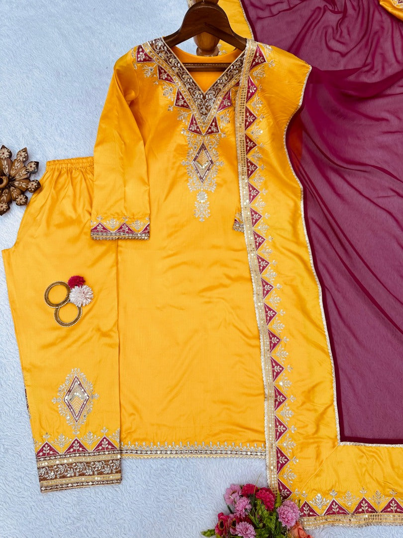 Yellow tafeta silk thread sequence work salwar suit
