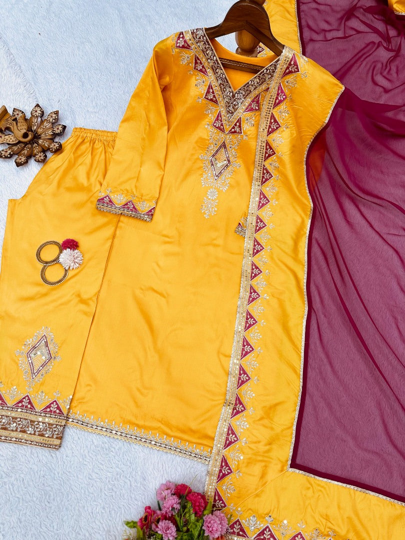Yellow tafeta silk thread sequence work salwar suit