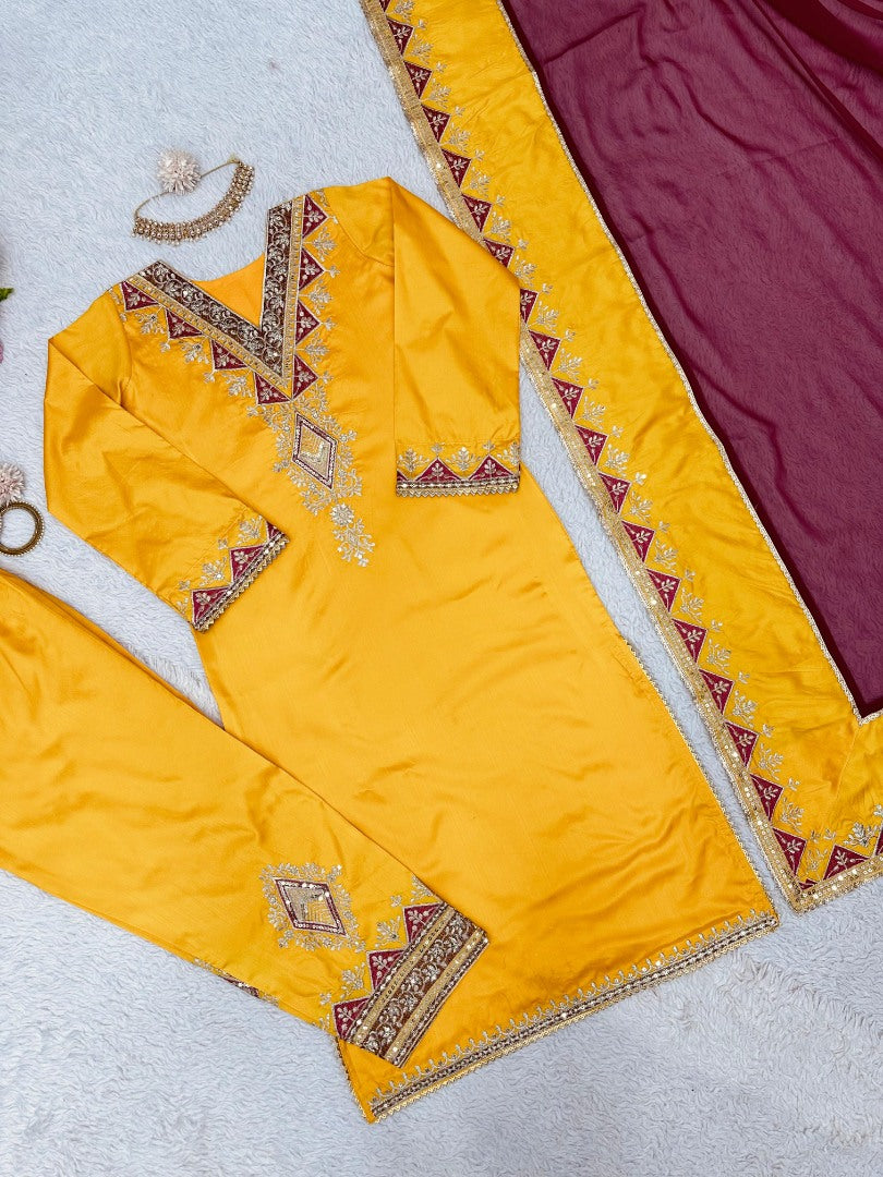 Yellow tafeta silk thread sequence work salwar suit