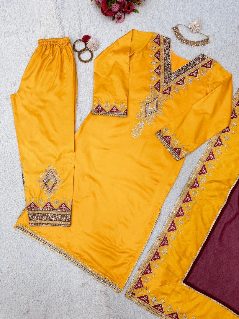 Yellow tafeta silk thread sequence work salwar suit