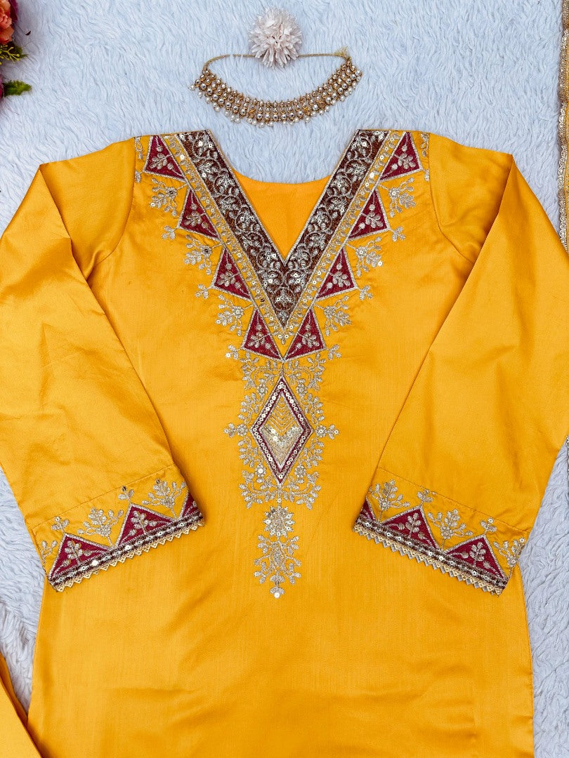 Yellow tafeta silk thread sequence work salwar suit