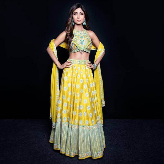 Yellow taffeta silk digital printed festival wear lehengha choli