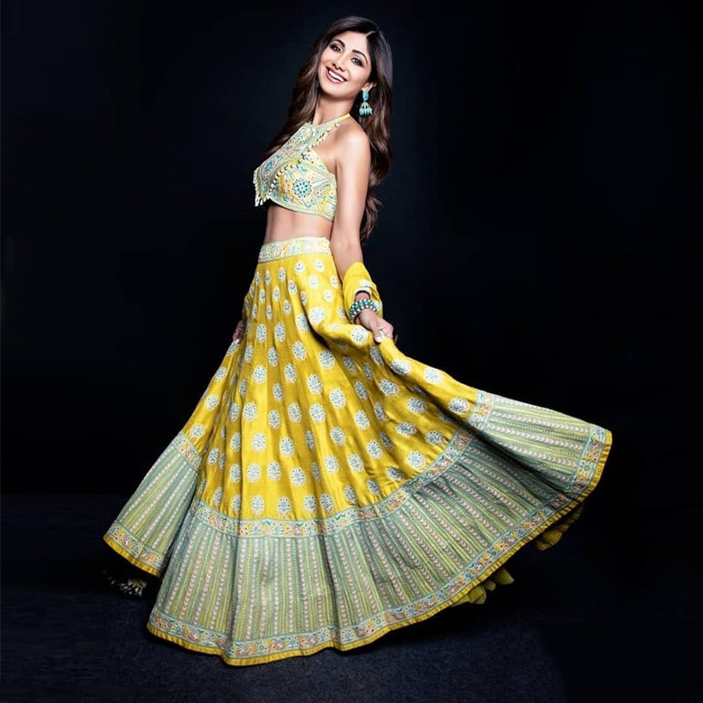 Yellow taffeta silk digital printed festival wear lehengha choli