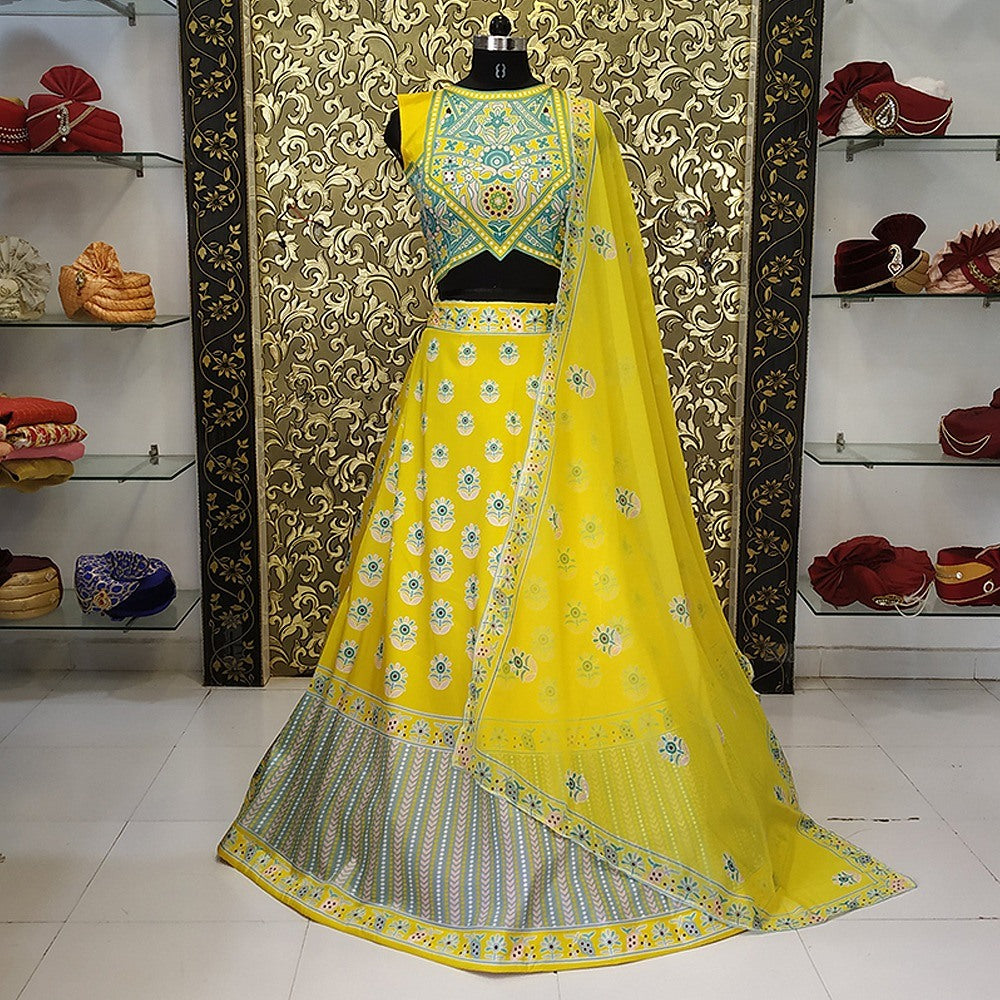 Yellow taffeta silk digital printed festival wear lehengha choli