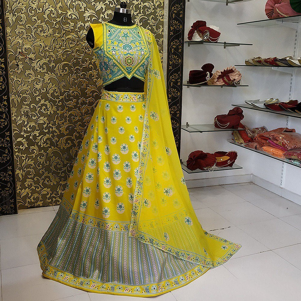Yellow taffeta silk digital printed festival wear lehengha choli