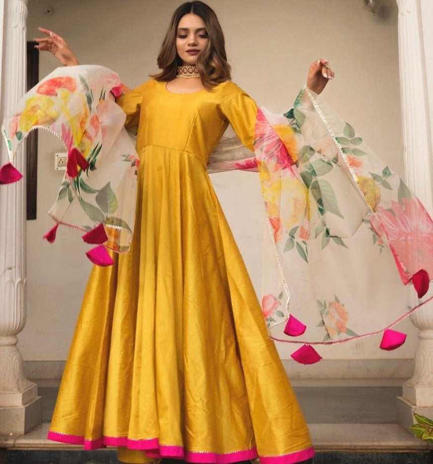 Yellow taffeta silk long gown with bottom and dupatta