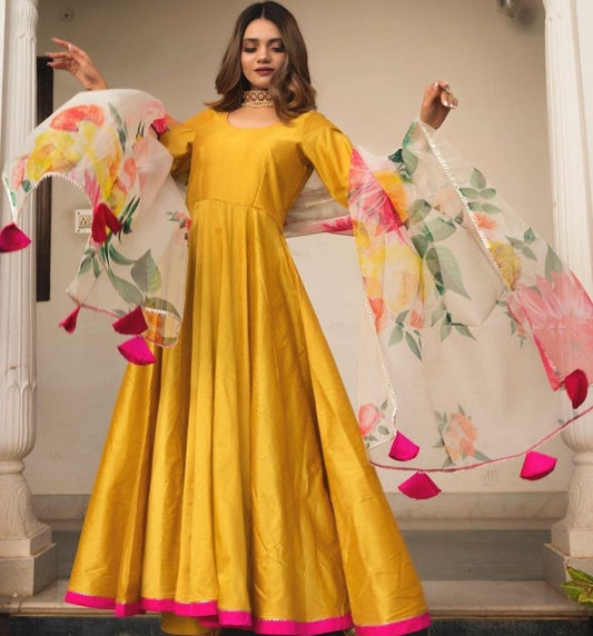 Yellow taffeta silk long gown with bottom and dupatta