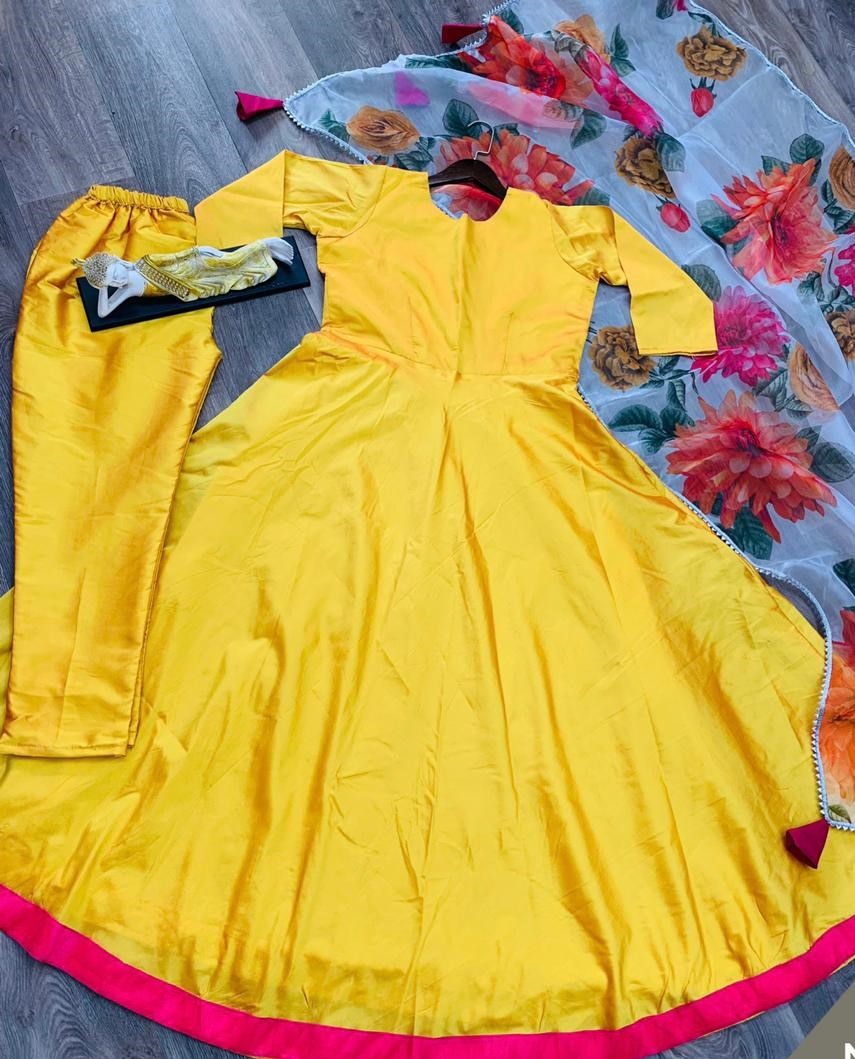 Yellow taffeta silk long gown with bottom and dupatta