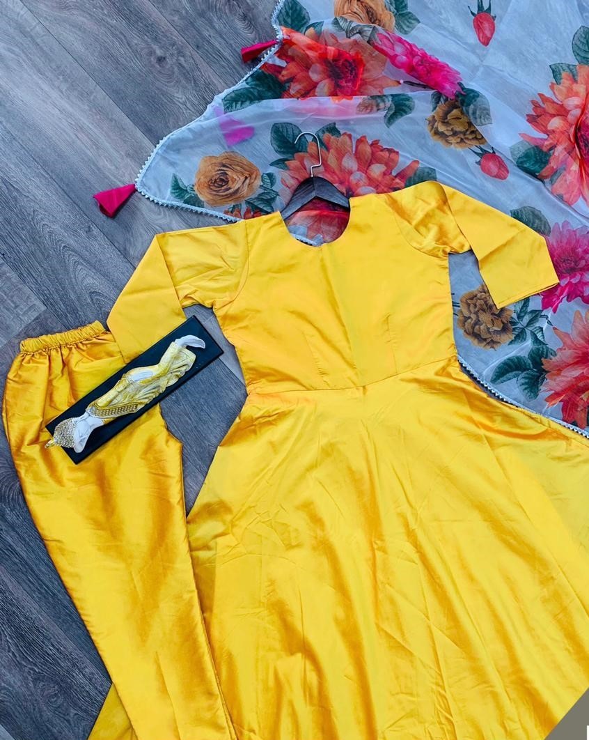Yellow taffeta silk long gown with bottom and dupatta