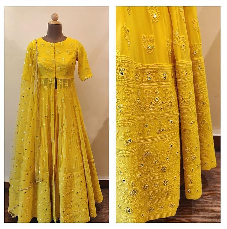 Yellow tapeta lehenga with long choli