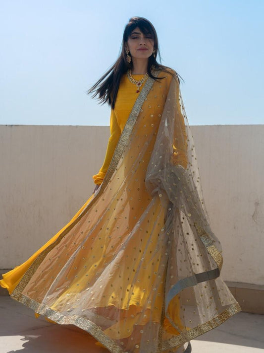 yellow tapeta satin beautiful plain partywear long gown with dupatta