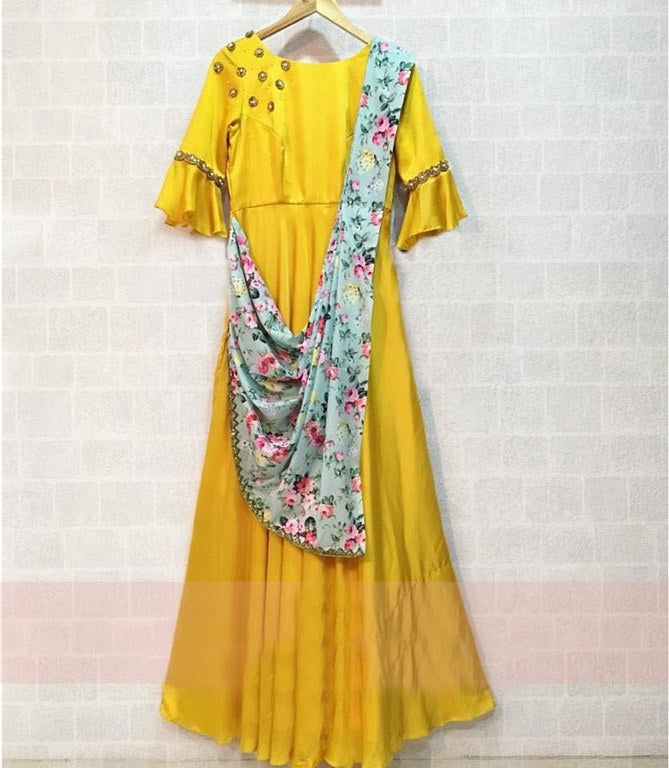 yellow tapeta silk anarkali suit with printed dupatta