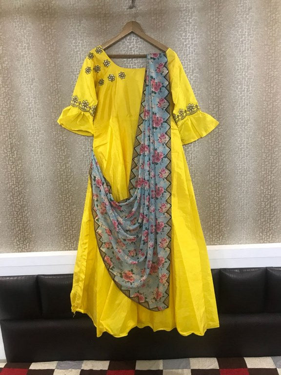 yellow tapeta silk anarkali suit with printed dupatta