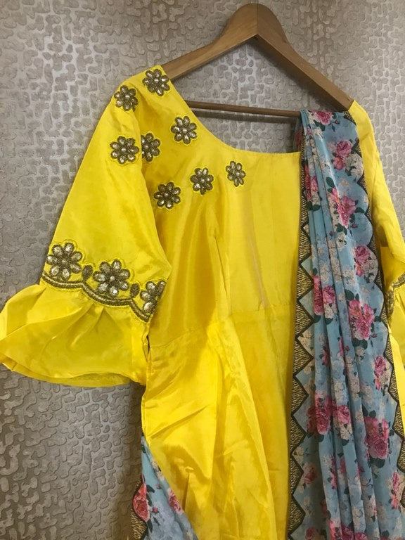 yellow tapeta silk anarkali suit with printed dupatta