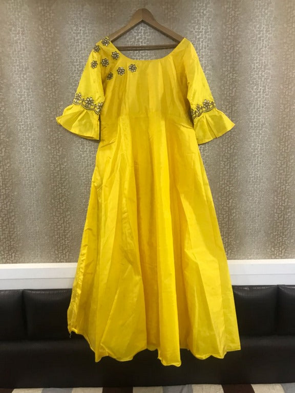yellow tapeta silk anarkali suit with printed dupatta