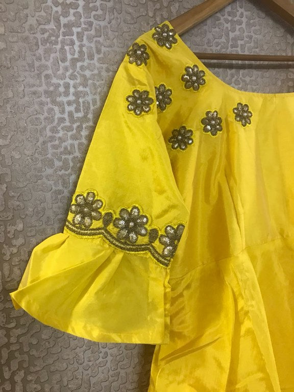 yellow tapeta silk anarkali suit with printed dupatta