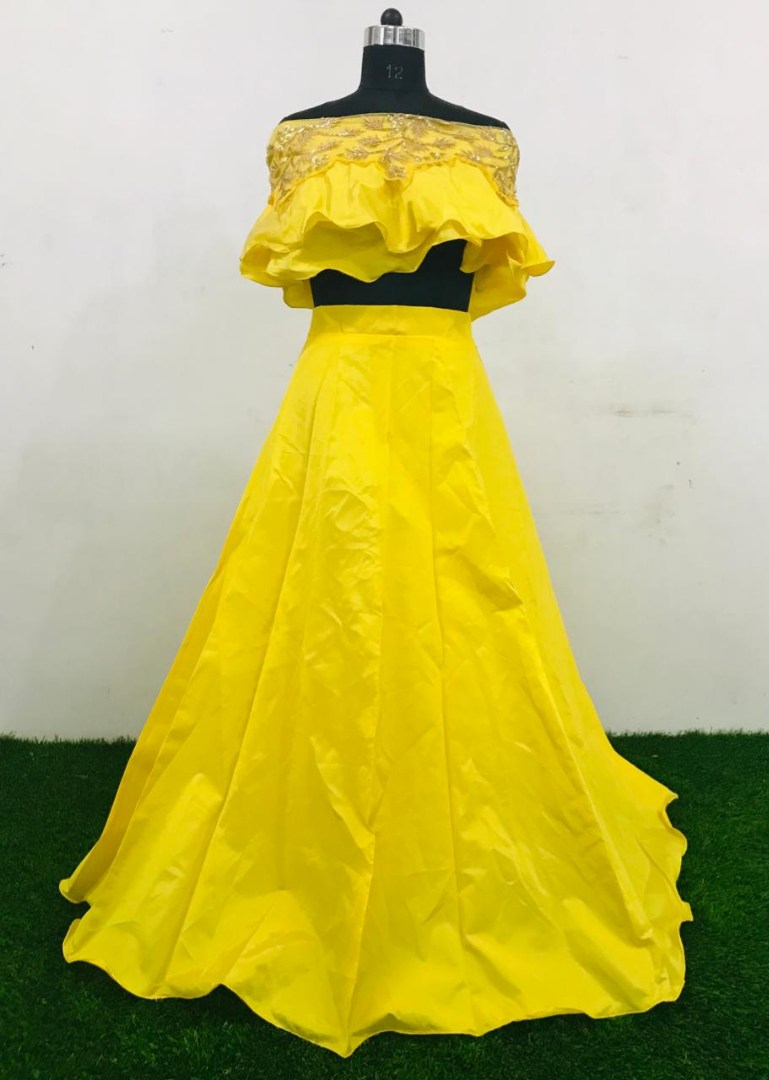 Yellow tapeta silk crop top lehenga
