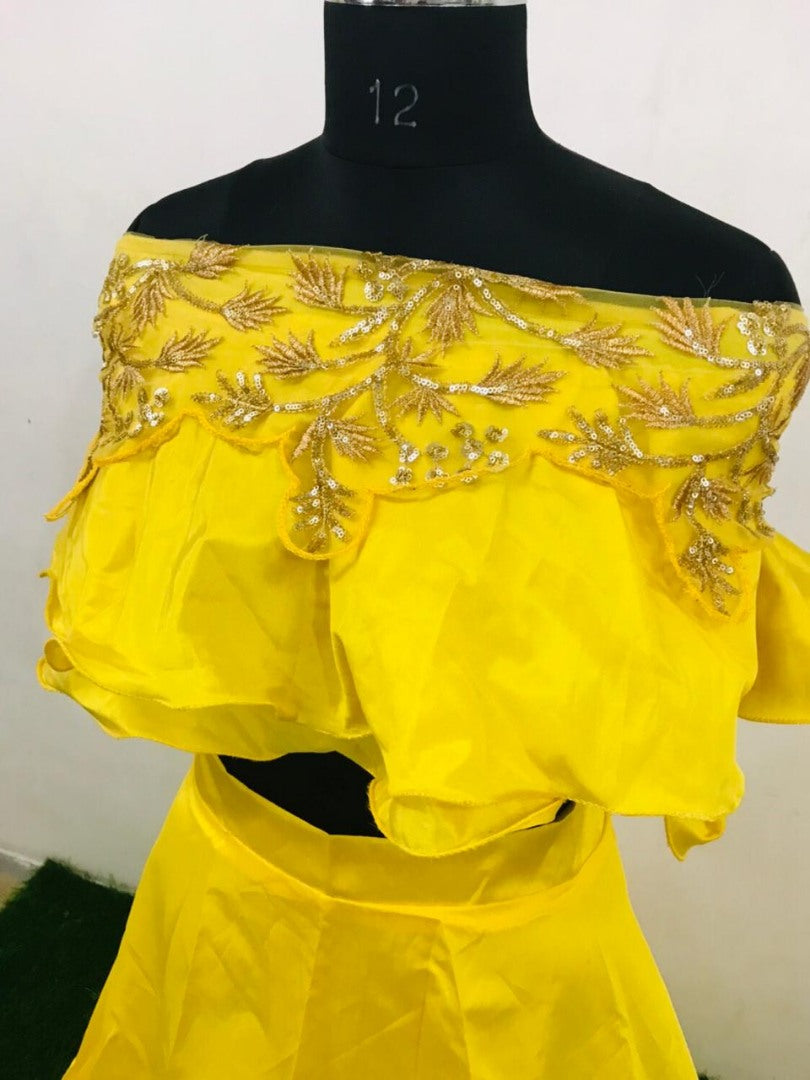 Yellow tapeta silk crop top lehenga