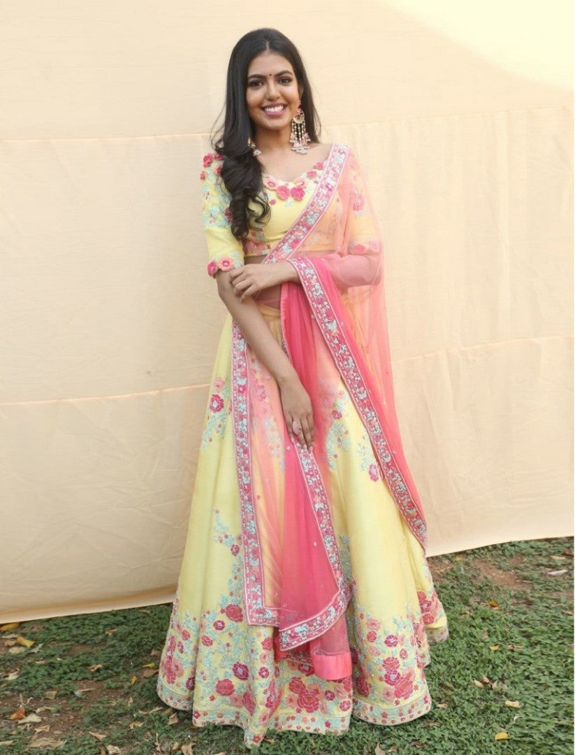 yellow tapeta silk designer embroidered ceremonial lehenga