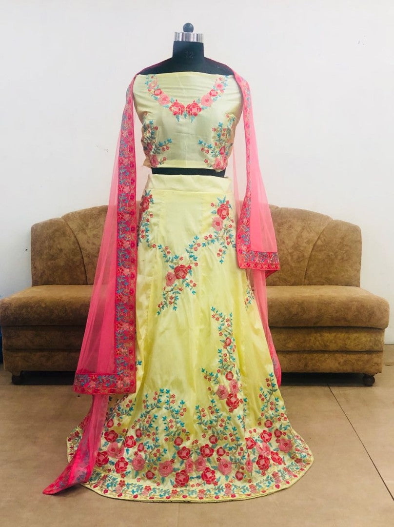 yellow tapeta silk designer embroidered ceremonial lehenga