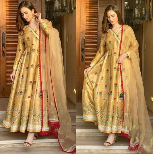 Yellow tapeta silk digital printed anarkali suit