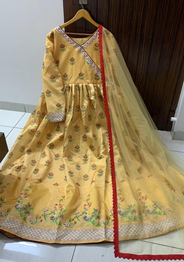 Yellow tapeta silk digital printed anarkali suit