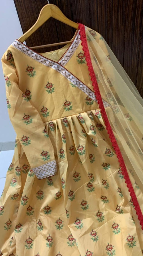 Yellow tapeta silk digital printed anarkali suit