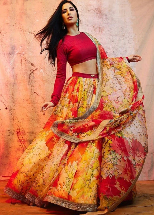 Yellow tapeta silk flower printed lehenga choli