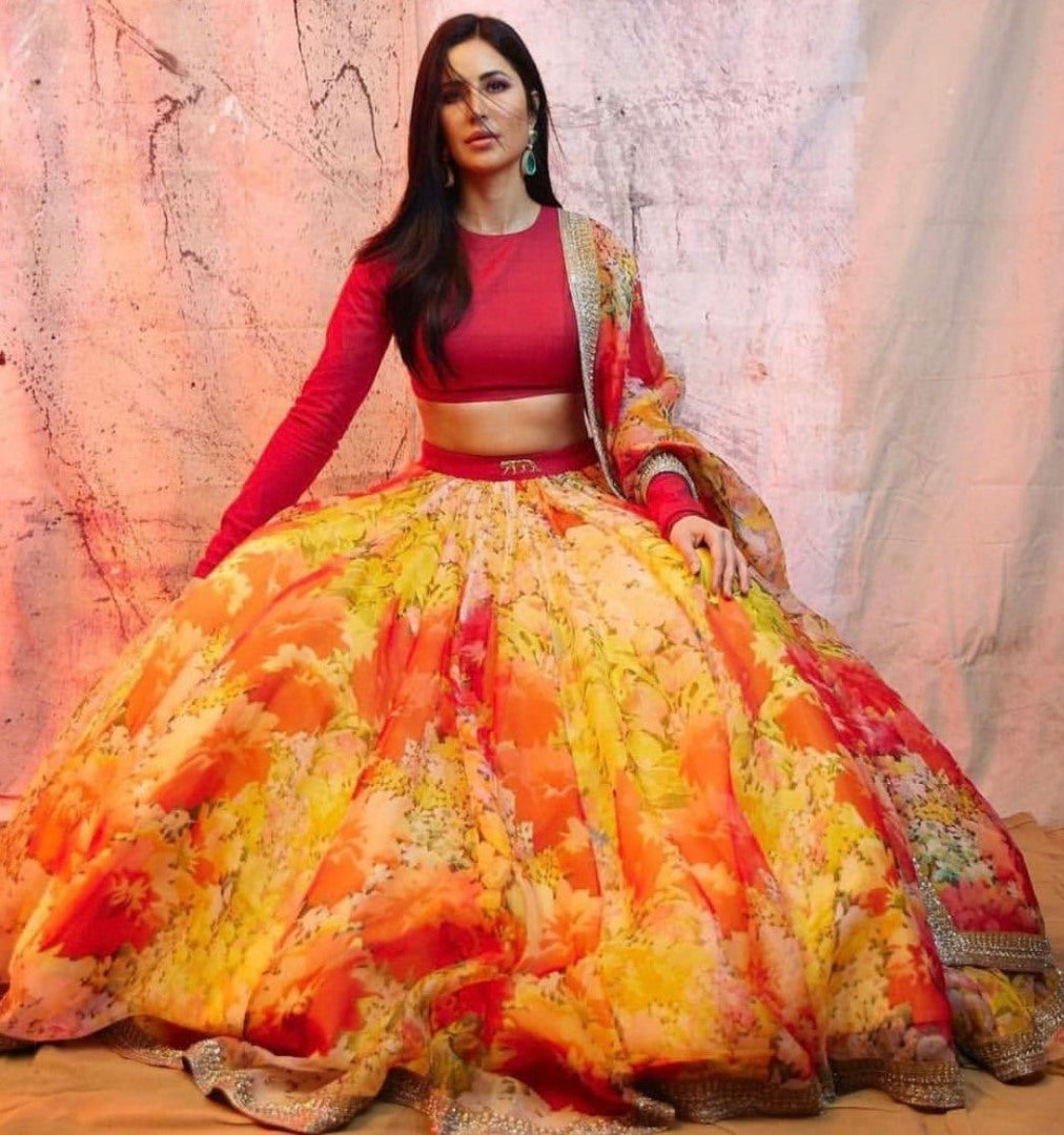 Yellow tapeta silk flower printed lehenga choli