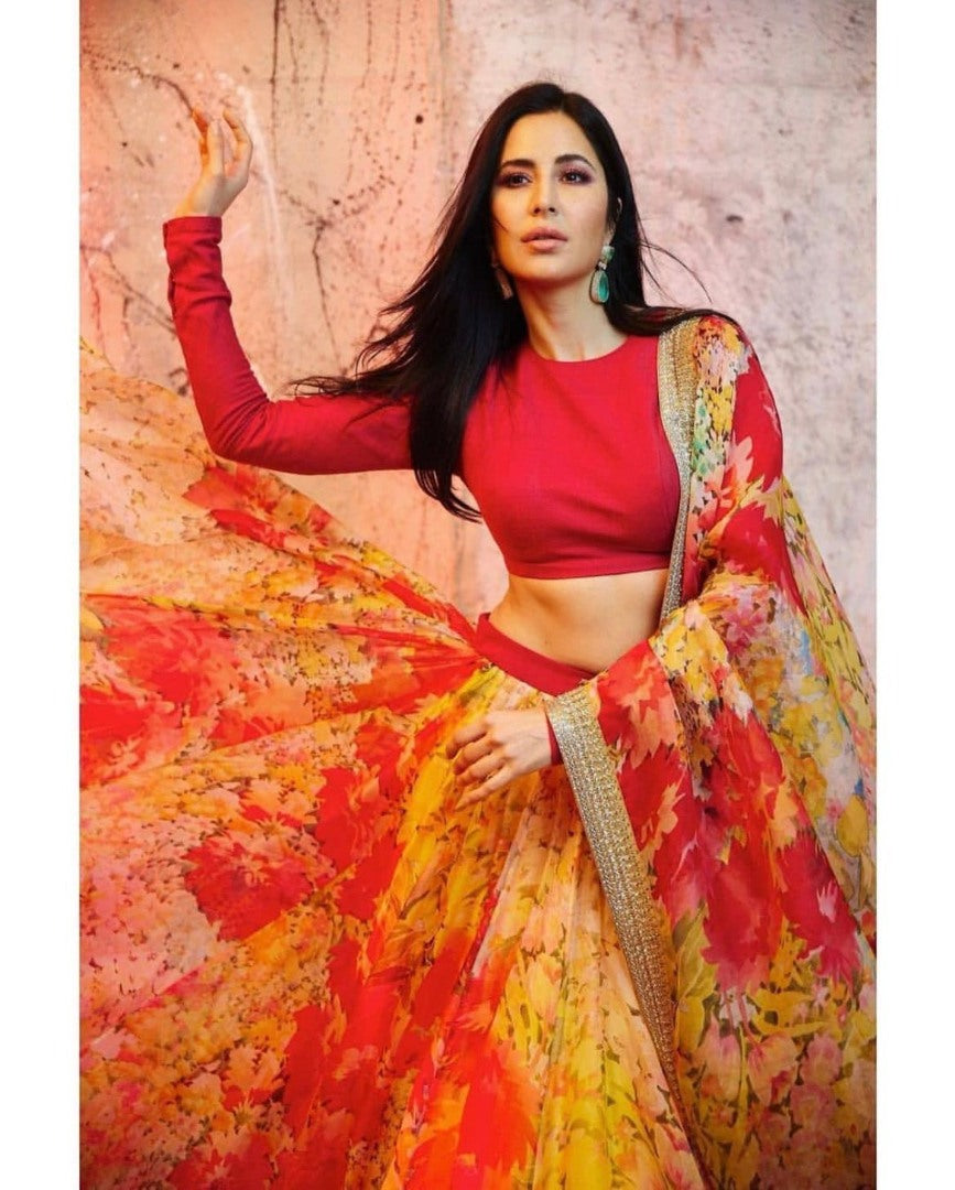 Yellow tapeta silk flower printed lehenga choli