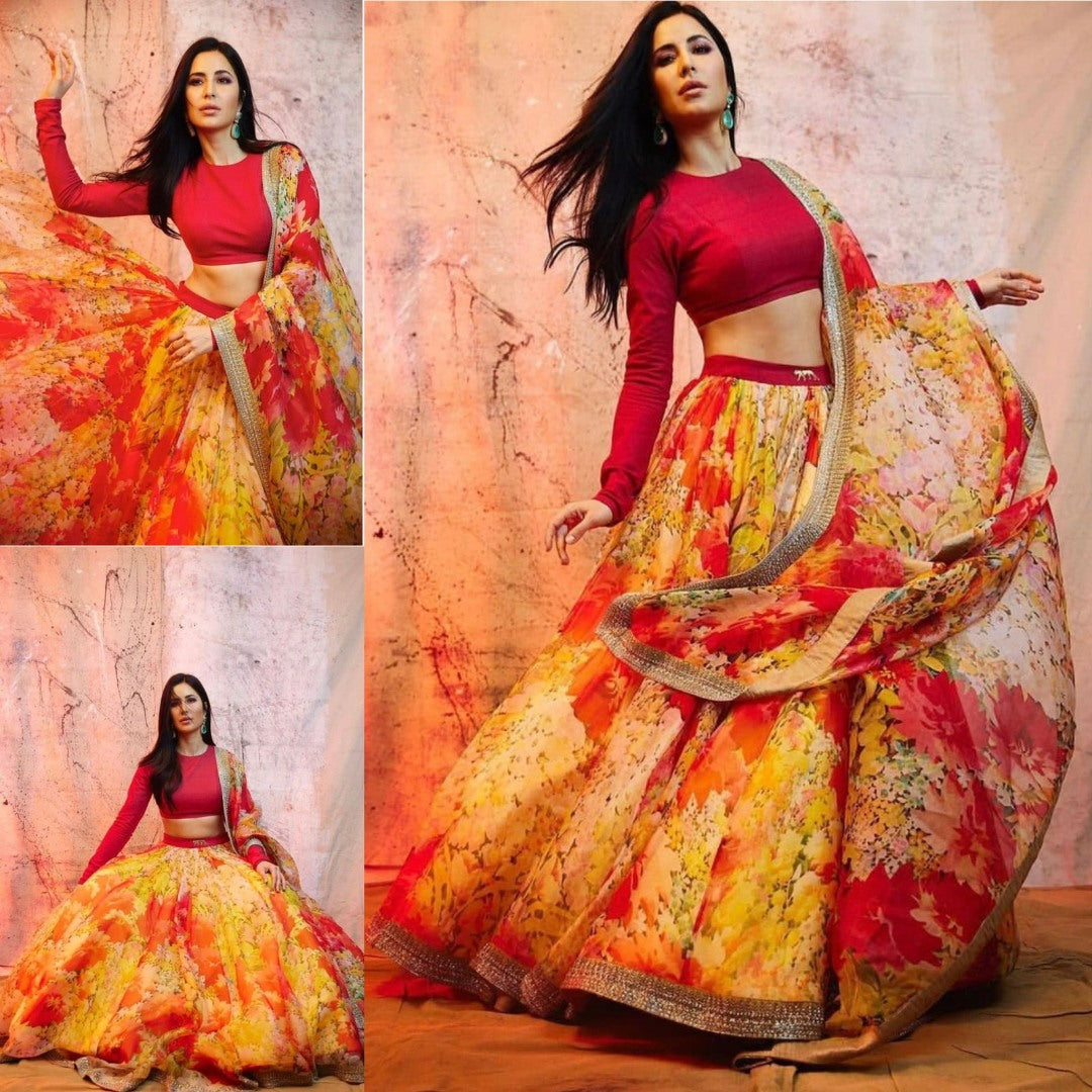 Yellow tapeta silk flower printed lehenga choli