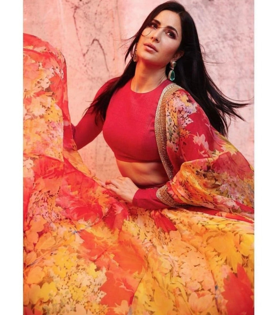 Yellow tapeta silk flower printed lehenga choli