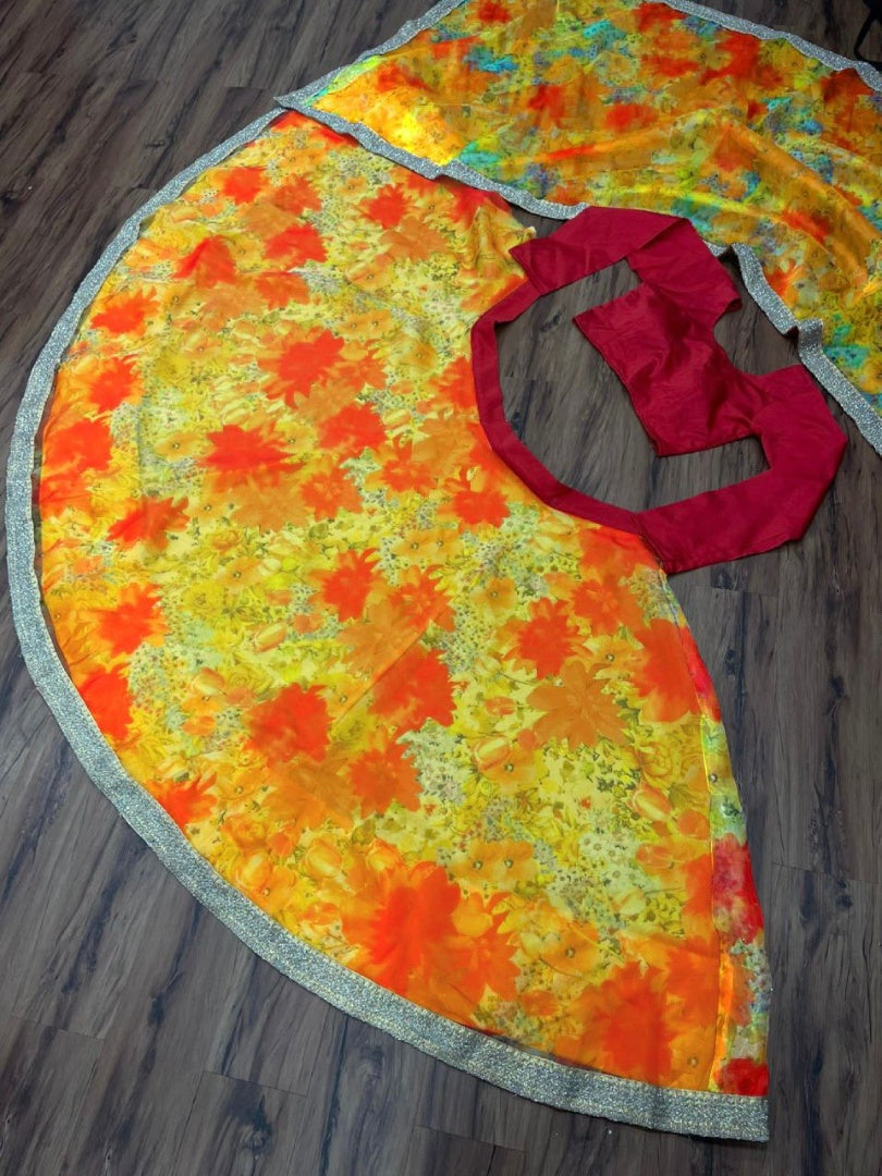 Yellow tapeta silk flower printed lehenga choli