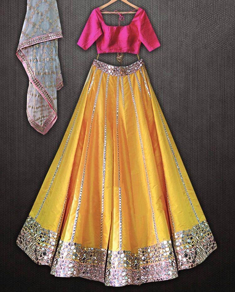 Yellow tapeta silk foil mirror work lehenga choli for ceremony