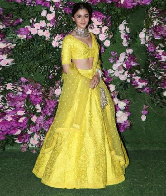 yellow tapeta silk heavy embroidered wedding lehenga