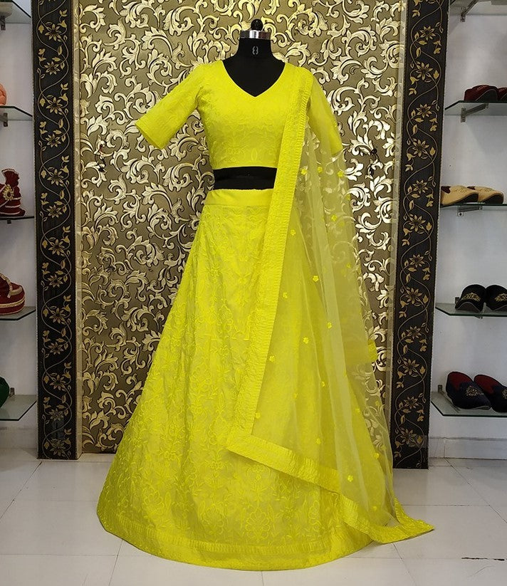 yellow tapeta silk heavy embroidered wedding lehenga