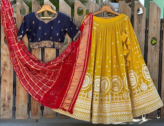Yellow tapeta silk heavy embroidery work haldi ceremony lehenga choli