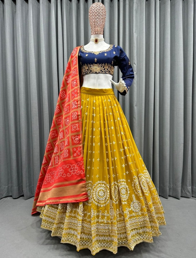 Yellow tapeta silk heavy embroidery work haldi ceremony lehenga choli