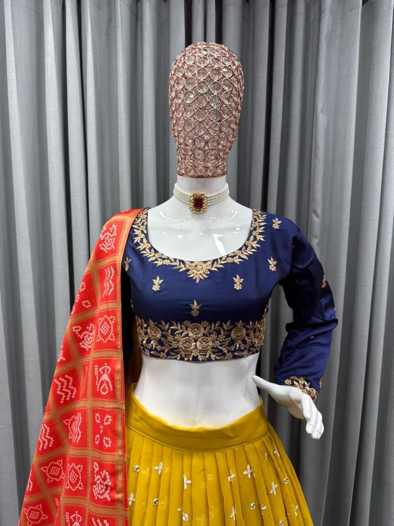Yellow tapeta silk heavy embroidery work haldi ceremony lehenga choli